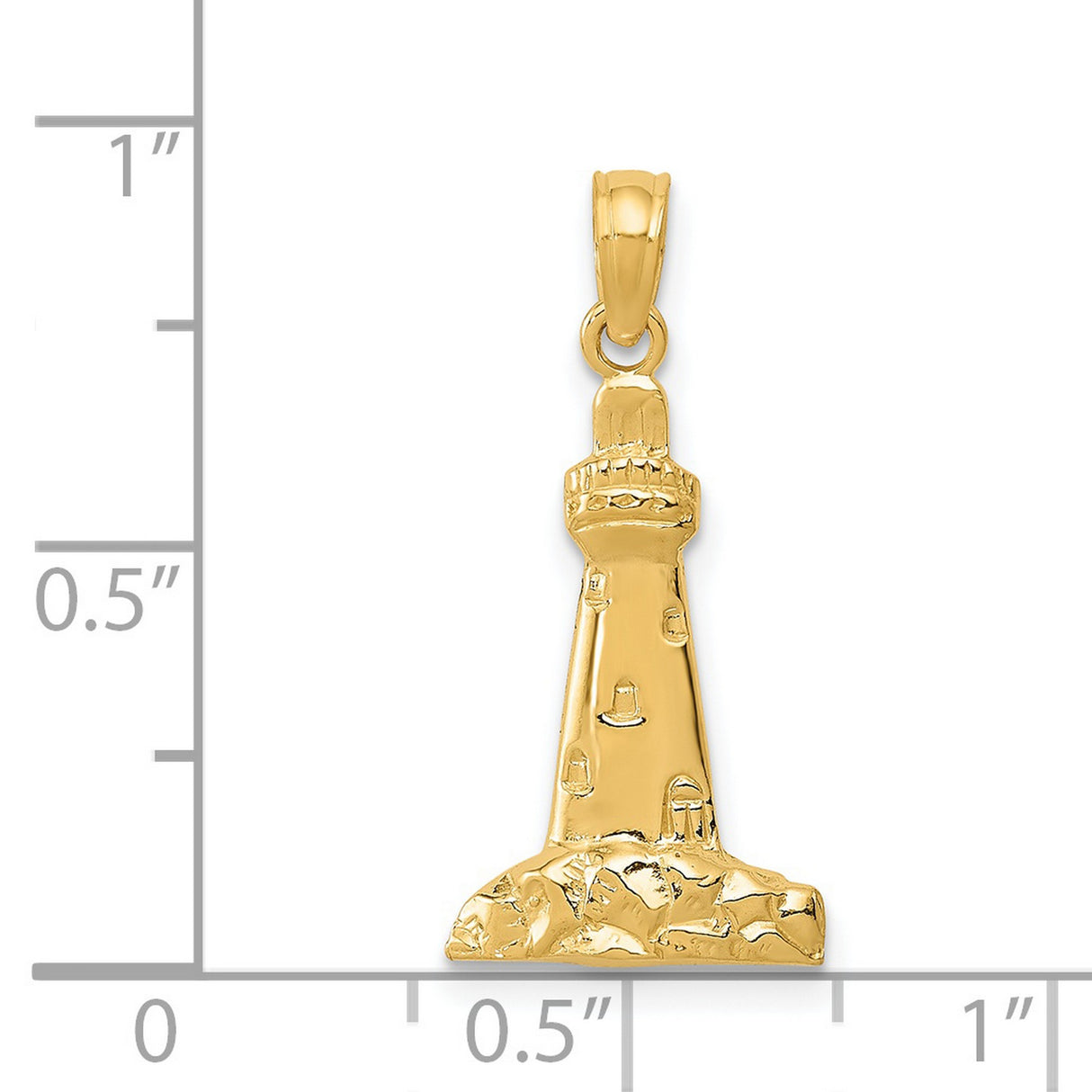 14k Yellow Gold Lighthouse Pendant with Rocky Base and Windows, Nautical Charm