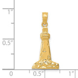 14k Yellow Gold Lighthouse Pendant with Rocky Base and Windows, Nautical Charm