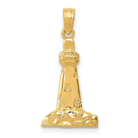 14k Yellow Gold Lighthouse Pendant with Rocky Base and Windows, Nautical Charm