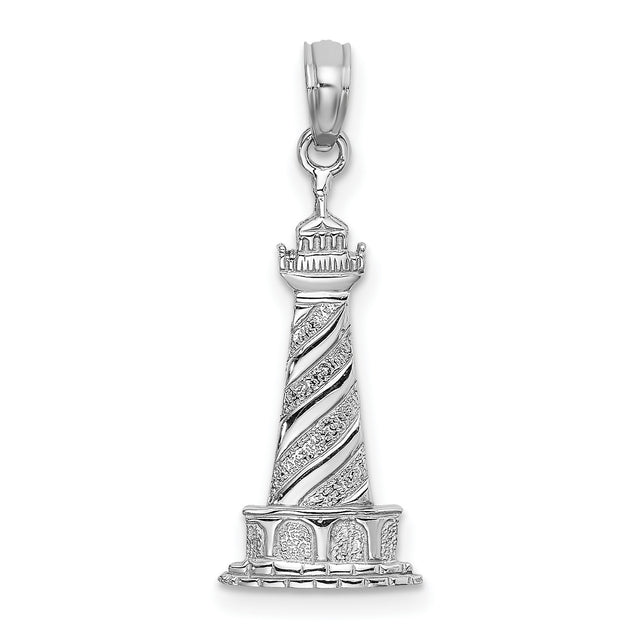 14k White Gold Lighthouse Pendant with Spiral Design, Nautical Theme for Women