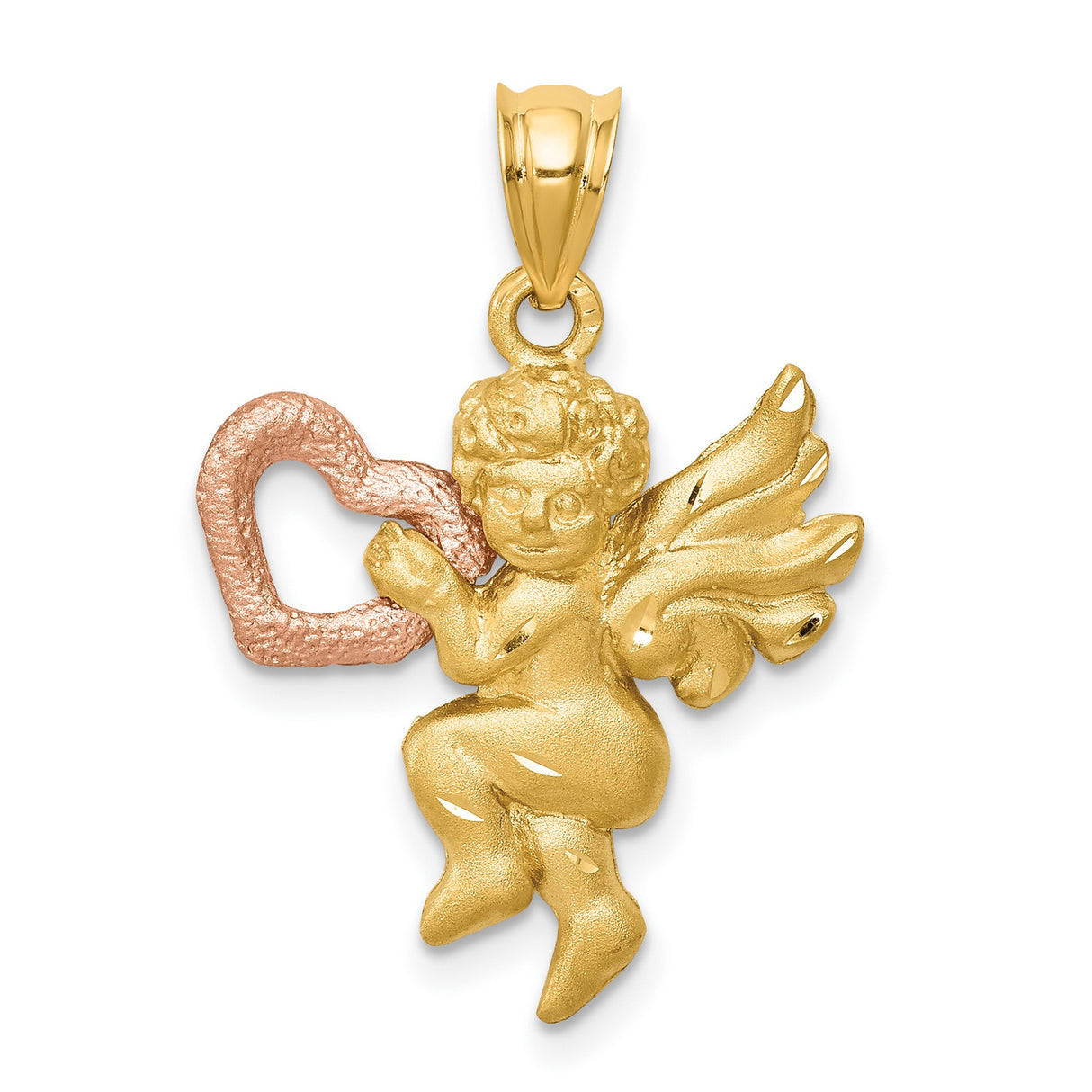 Satin Angel Holding Open Rose Gold Heart Charm Pendant in Real 14k Multi-Tone Gold