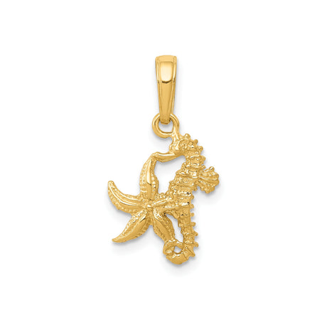 14k Yellow Gold Pendant with Seahorse and Starfish, Ocean and Nautical Theme
