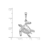 14k White Gold Sea Turtle Pendant with Detailed Shell and Flippers, Nautical Marine Life Charm