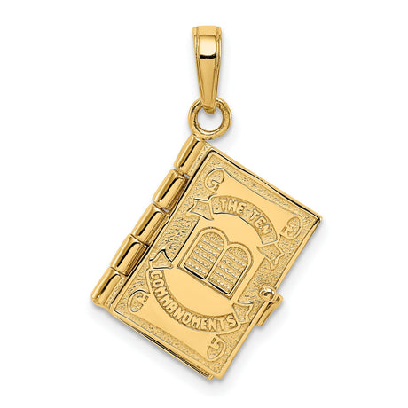 Opening Bible With Ten Commandments Inside Charm Pendant in Real 14k Yellow Gold