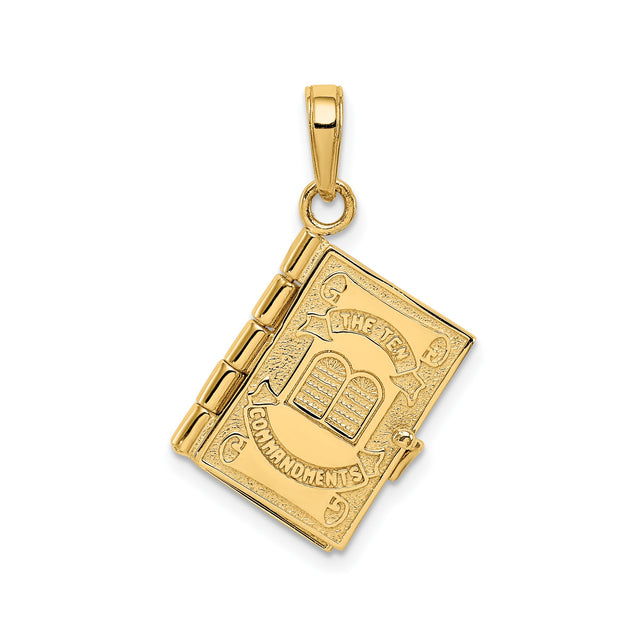 14k Yellow Gold Bible Book Pendant with Ten Commandments Tablets, Christian Faith Charm