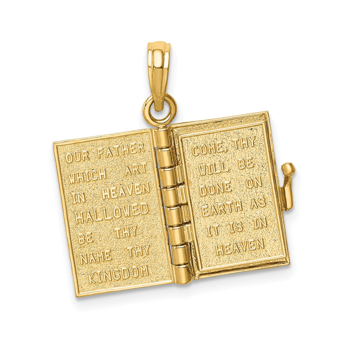 Opening Bible With Cross And Lords Prayer Inside Charm Pendant in Real 14k Yellow Gold