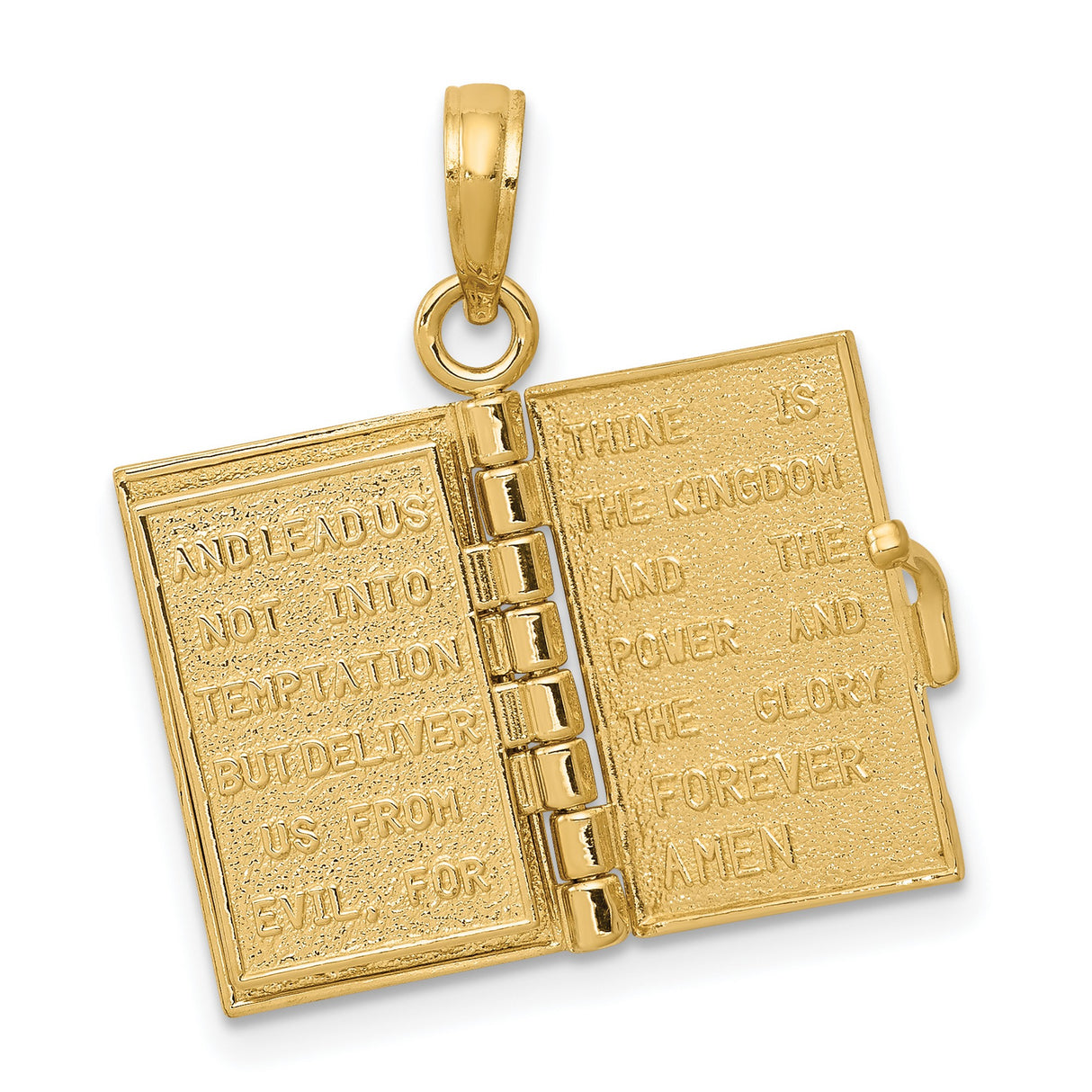 Opening Bible With Cross And Lords Prayer Inside Charm Pendant in Real 14k Yellow Gold