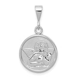 Cherub Angel with Hand Chin Figure Round Satin Charm Pendant in Real 14k White Gold