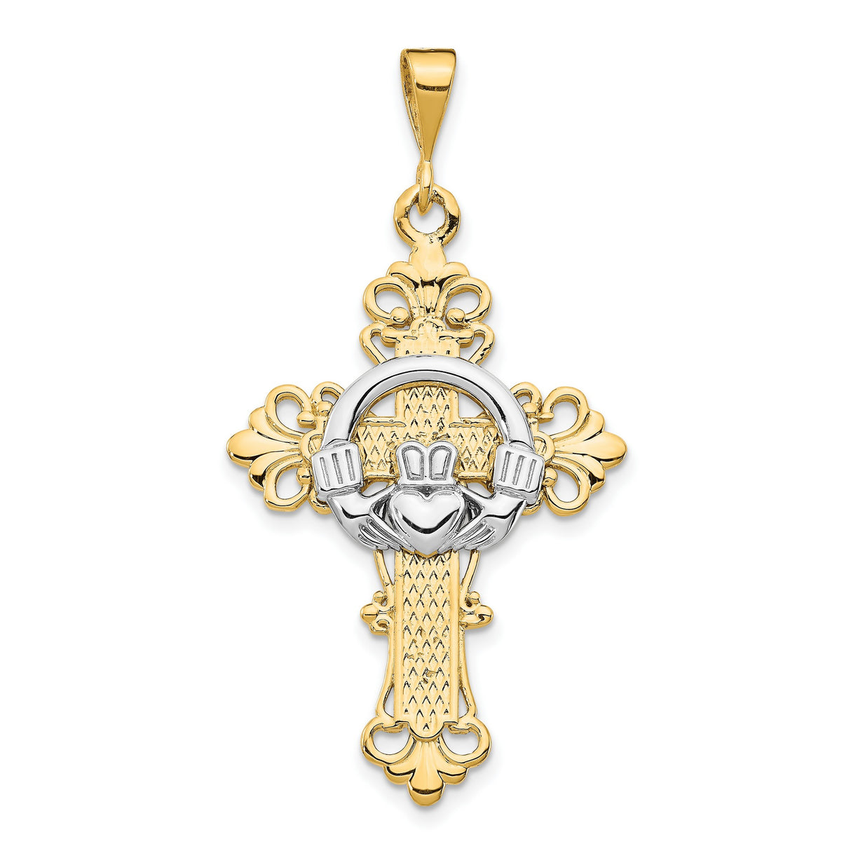 Patonce Cross With Claddagh Symbol Charm Pendant in Real 14k Multi-Tone Gold