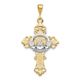 Patonce Cross With Claddagh Symbol Charm Pendant in Real 14k Multi-Tone Gold