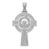 Flat Back Celtic Iona Cross And Claddagh Symbol Charm Pendant in Real 14k White Gold