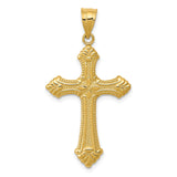 14k Yellow Gold Cross Pendant with Fleur De Lis and Textured Beading, Vintage Religious Charm