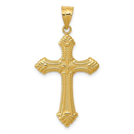 14k Yellow Gold Cross Pendant with Fleur De Lis and Textured Beading, Vintage Religious Charm