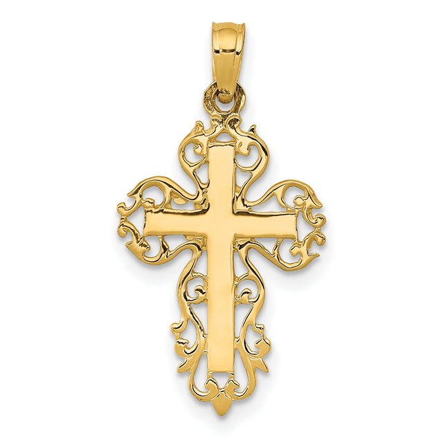 Latin Cross With Filigree Border Charm Pendant in Real 14k Yellow Gold