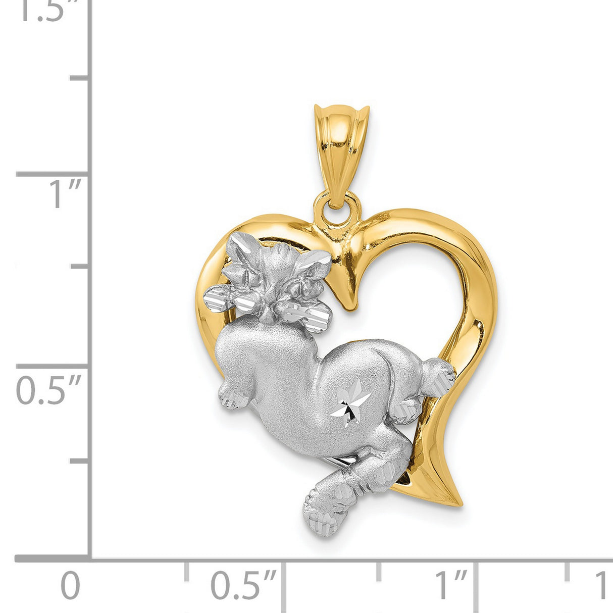 Cat In Open Heart Charm Pendant in Real 14k Multi-Tone Gold
