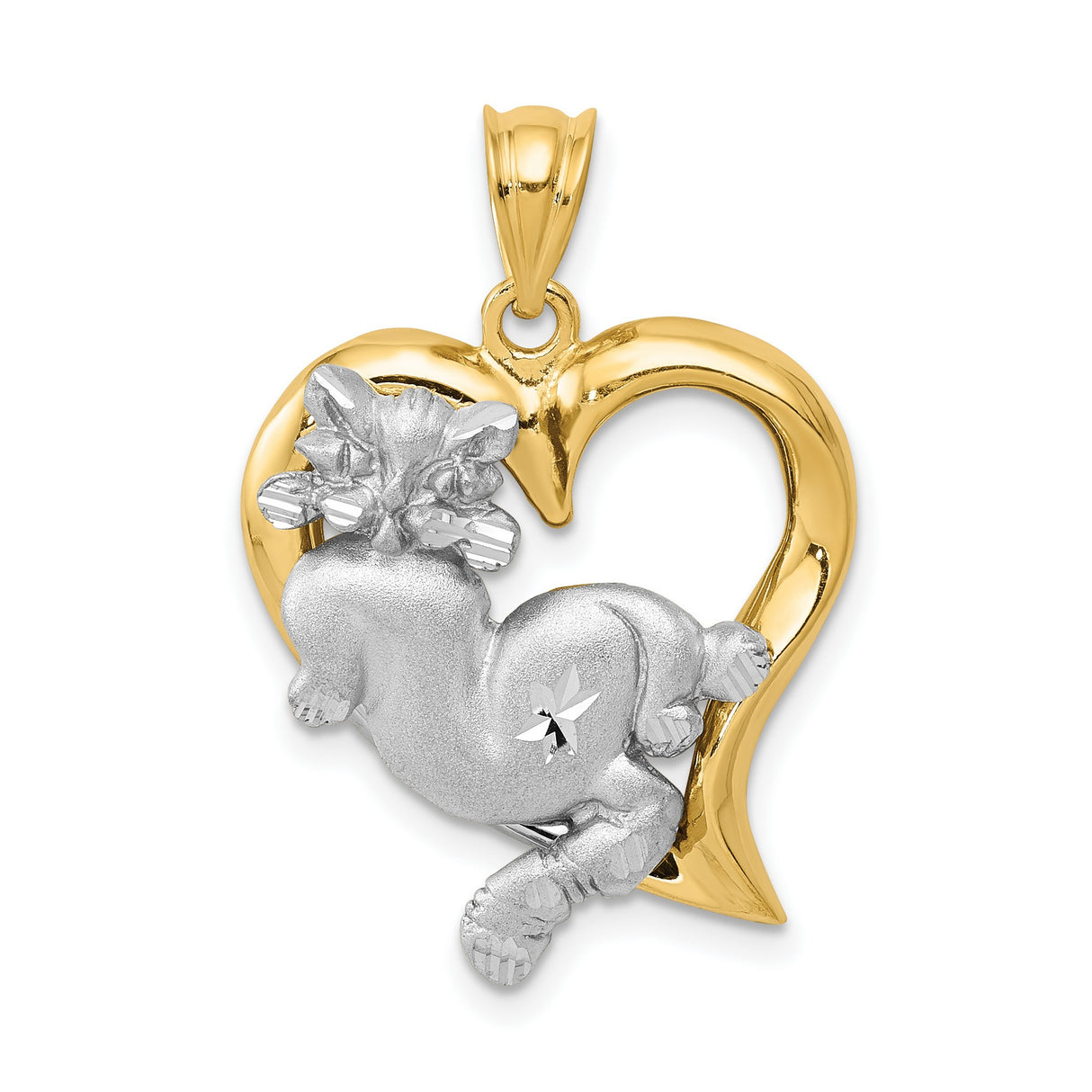 Cat In Open Heart Charm Pendant in Real 14k Multi-Tone Gold