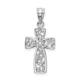 14k White Gold Latin Cross Pendant with Floral Scrollwork and Polished Finish