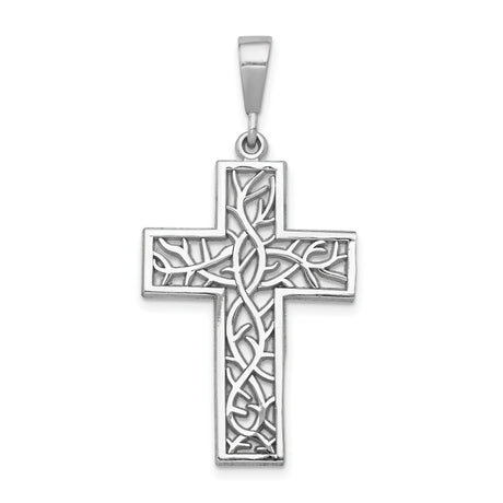 Diamond-Cut Filigree Style Latin Cross Charm Pendant in Real 14k White Gold