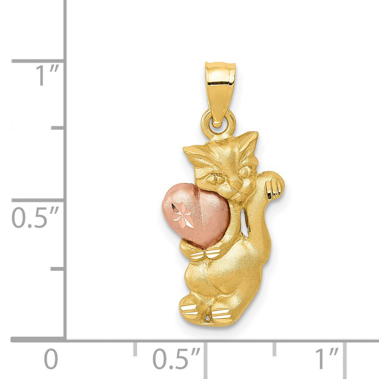 Cat Holding Rose Gold Heart Charm Pendant in Real 14k Multi-Tone Gold