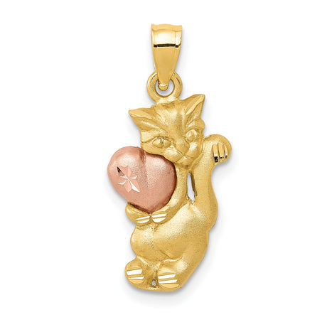 Cat Holding Rose Gold Heart Charm Pendant in Real 14k Multi-Tone Gold