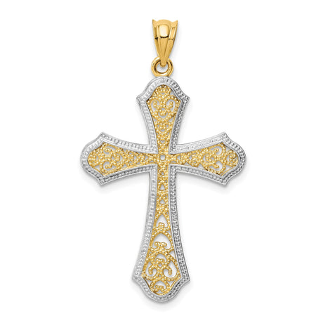 14k Multi-Tone Gold Cross Pendant with Scrollwork and Fleur de Lis Design