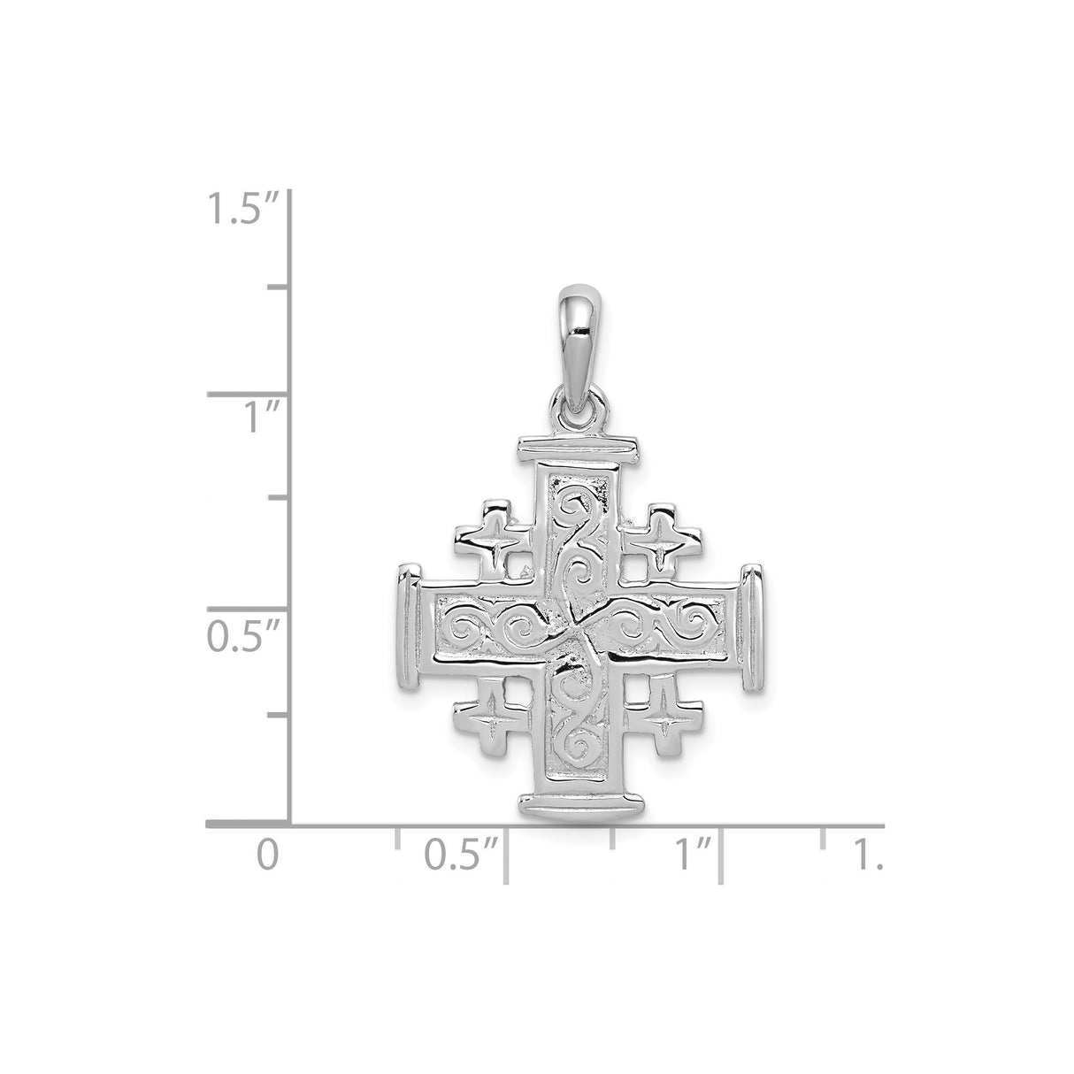 14k White Gold Jerusalem Cross Pendant with Scrollwork Detailing and Beveled Edges