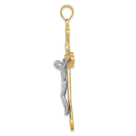14k Multi-Tone Gold Crucifix Pendant with INRI and Detailed Jesus Figure Religious Charm