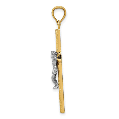 14k Two-Tone Gold Crucifix Pendant with Jesus Figure and Wood Texture Design