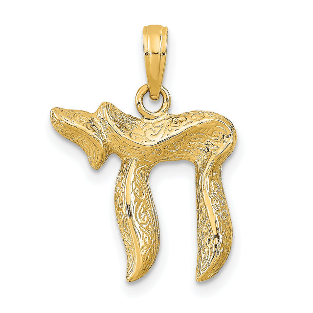 Solid Textured Chai Long Life Symbol Charm Pendant in Real 14k Yellow Gold