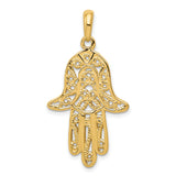 14k Yellow Gold Hamsa Pendant with Intricate Filigree Design, Hand of Fatima Symbol for Women