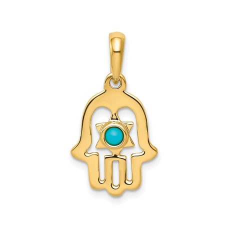 14k Yellow Gold Hamsa Pendant with Turquoise Star of David, Jewish Spiritual Amulet for Women