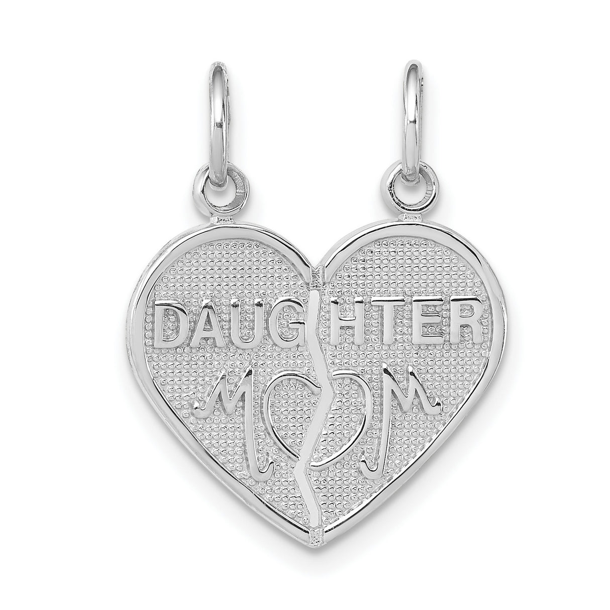 14k White Gold Split Heart Pendant with Mom Daughter Engravings, Symbolic Family Charm