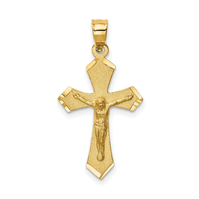 14k Yellow Gold Crucifix Cross Pendant with High Polish and Satin Finish Featuring Jesus