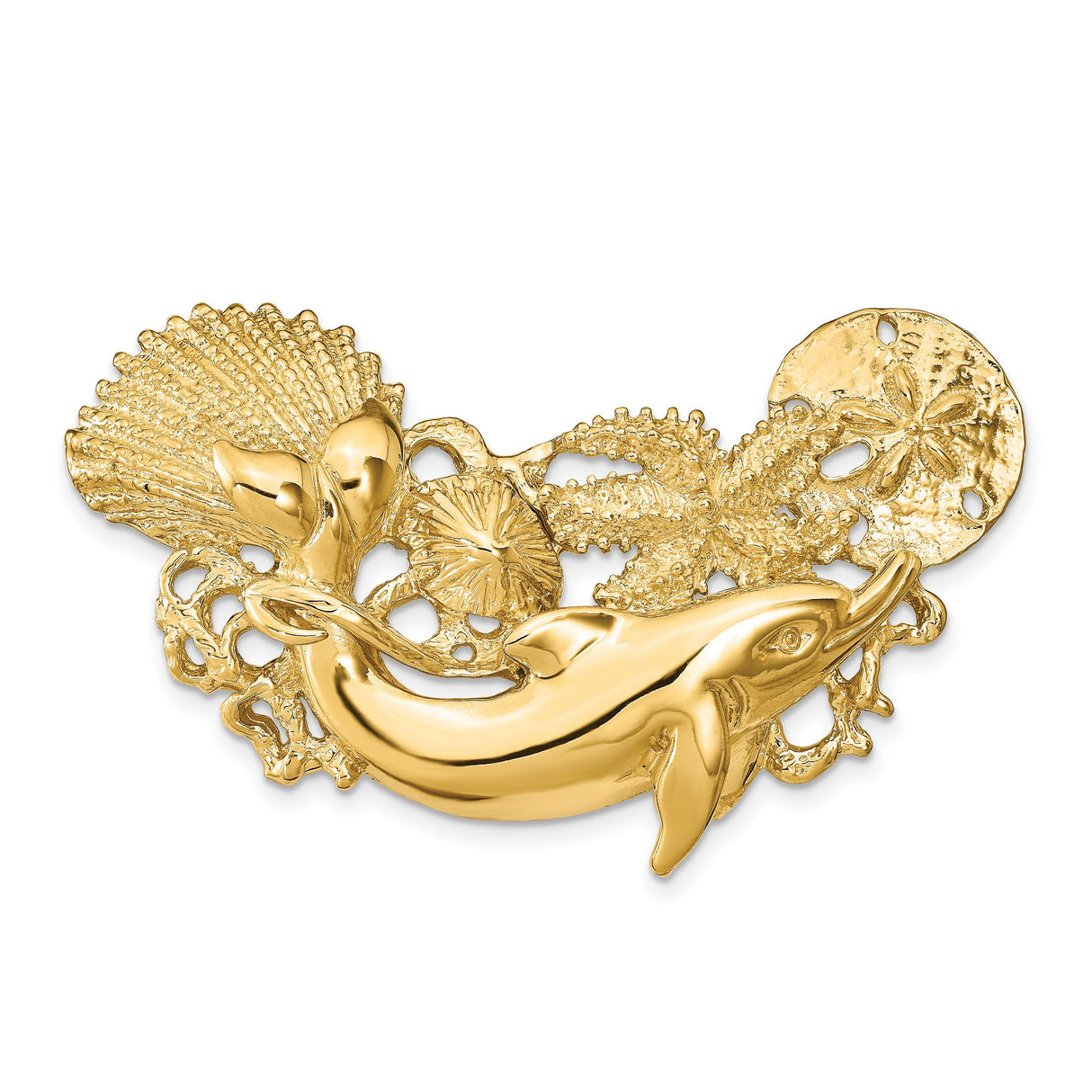 14k Yellow Gold Dolphin and Seashell Brooch with Starfish and Sand Dollar, Ocean Theme Jewelry Pin