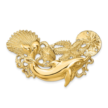 14k Yellow Gold Dolphin and Seashell Brooch with Starfish and Sand Dollar, Ocean Theme Jewelry Pin