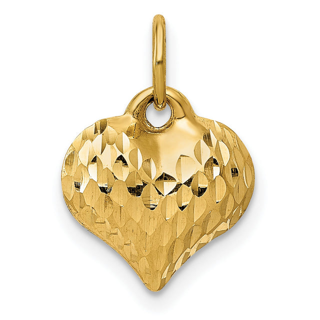 14k Yellow Gold Puffed Heart Pendant with Diamond Cut Textured Finish, Romantic Design for Women