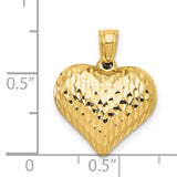 14k Yellow Gold Heart Pendant, Diamond Cut Textured Finish, Solid Puffed Charm Jewelry