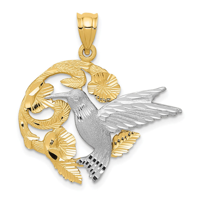 14k Two-Tone Gold Pendant with Hummingbird in Motion and Floral Accents