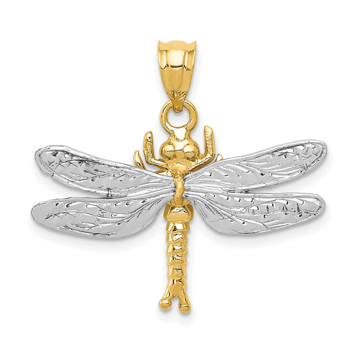 14k Two-Tone Gold Dragonfly Pendant with White Gold Wings and Polished Yellow Gold Body