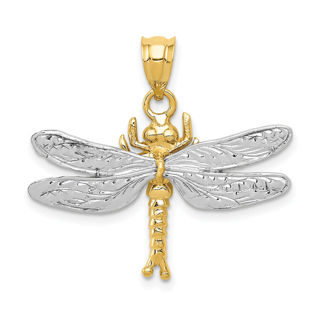 14k Two-Tone Gold Dragonfly Pendant with White Gold Wings and Polished Yellow Gold Body