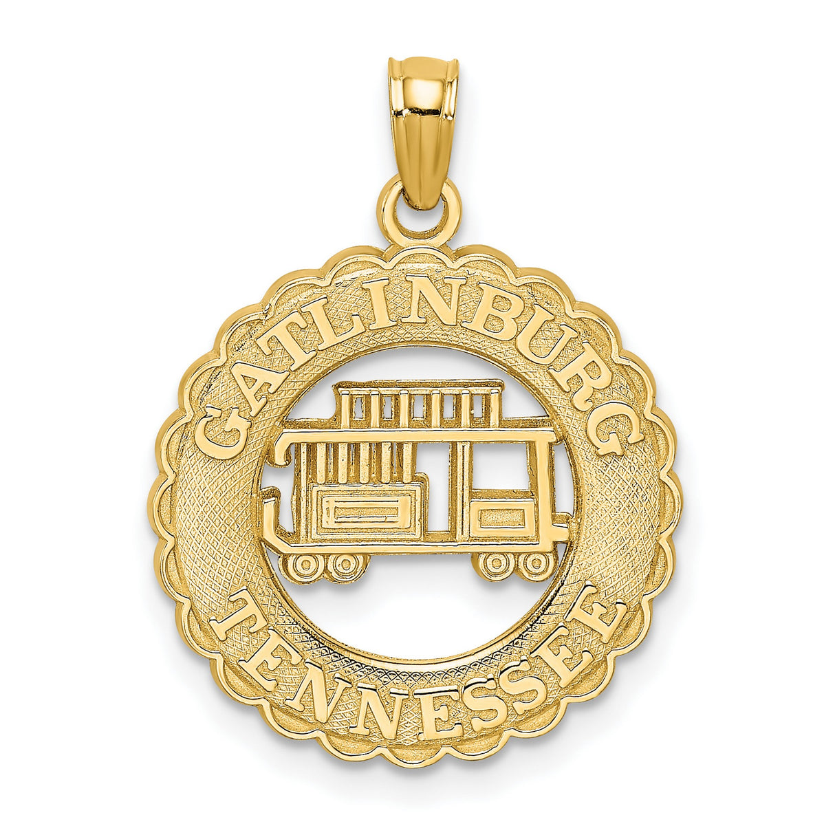14k Yellow Gold Pendant with Gatlinburg Tennessee Trolley Car Design, Travel Souvenir Jewelry