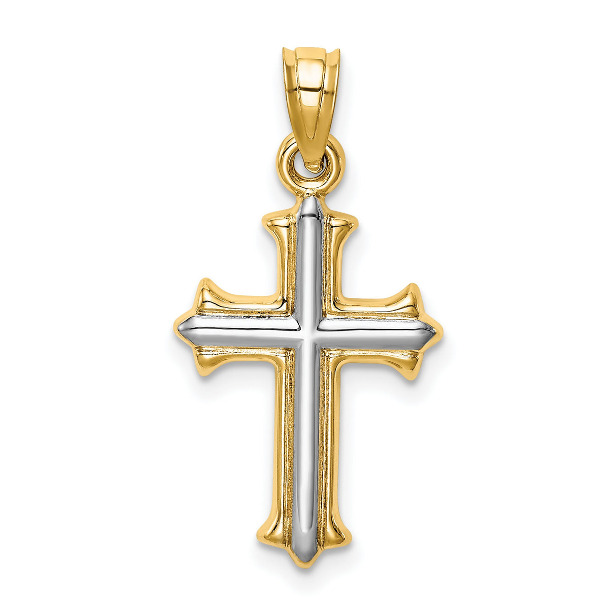 Hollow Fleur De Lis Cross Charm Pendant in Real 14k Multi-Tone Gold