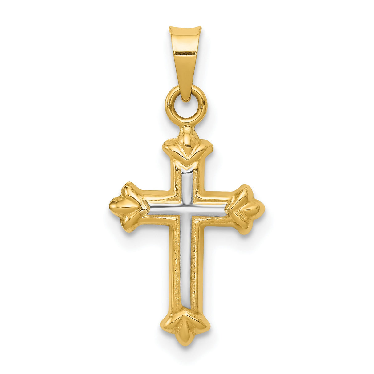 Hollow Fleur De Lis Cross Charm Pendant in Real 14k Multi-Tone Gold