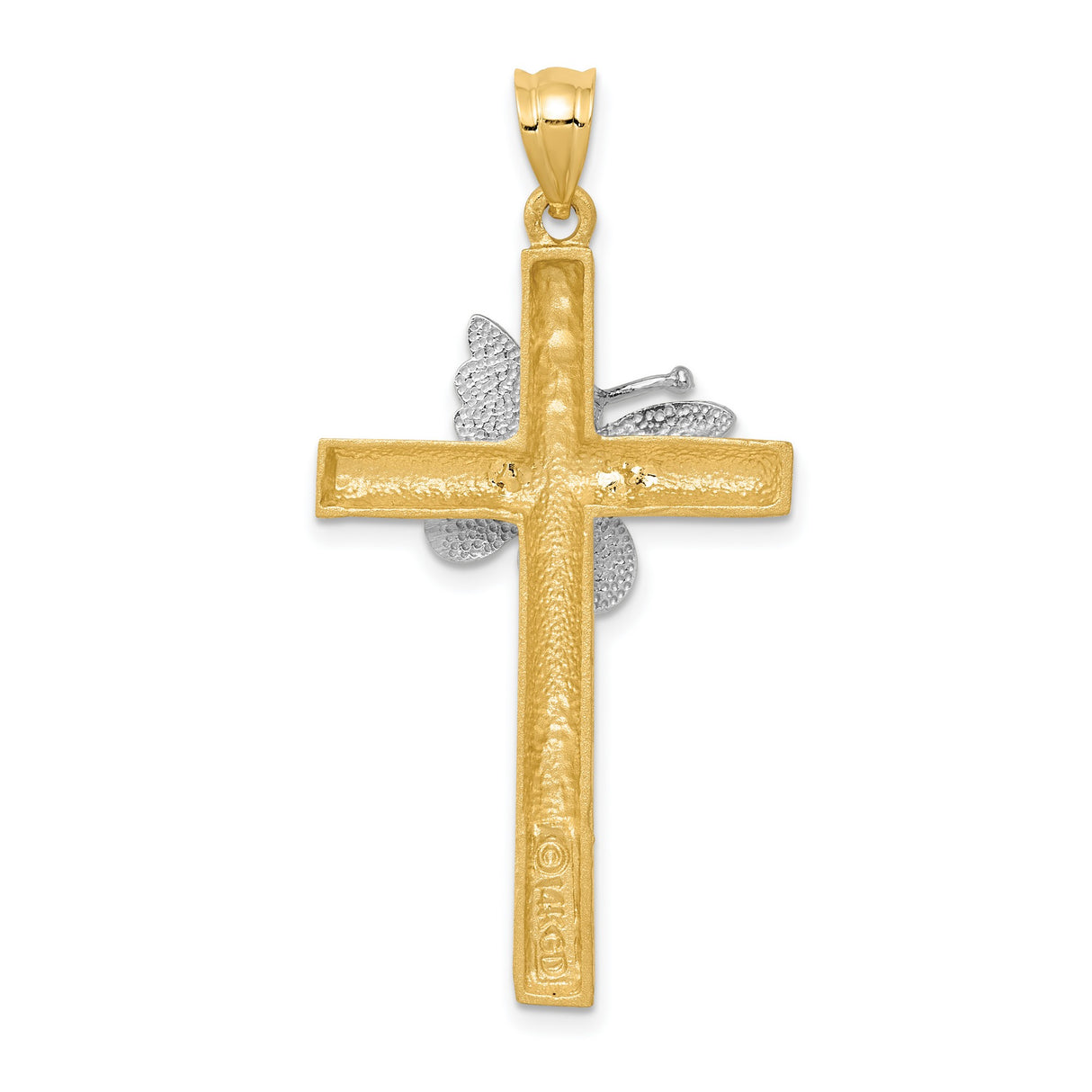 Textured Tree Bark Style Latin Cross And Butterfly Charm Pendant in Real 14k Multi-Tone Gold