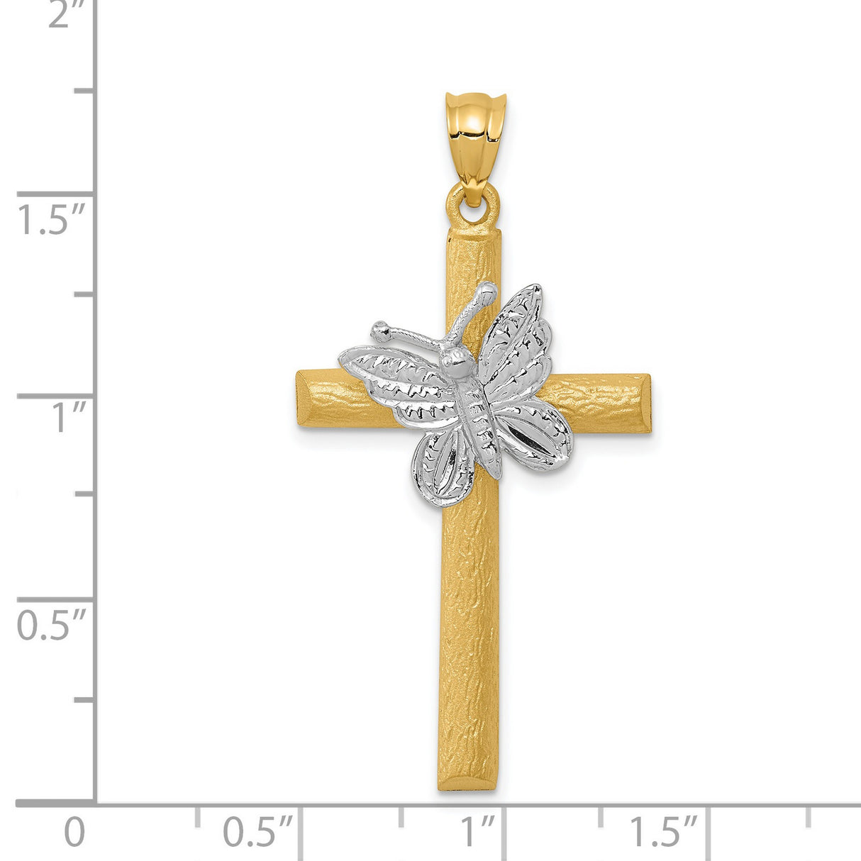 Textured Tree Bark Style Latin Cross And Butterfly Charm Pendant in Real 14k Multi-Tone Gold
