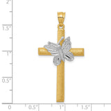 Textured Tree Bark Style Latin Cross And Butterfly Charm Pendant in Real 14k Multi-Tone Gold