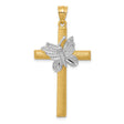 Textured Tree Bark Style Latin Cross And Butterfly Charm Pendant in Real 14k Multi-Tone Gold