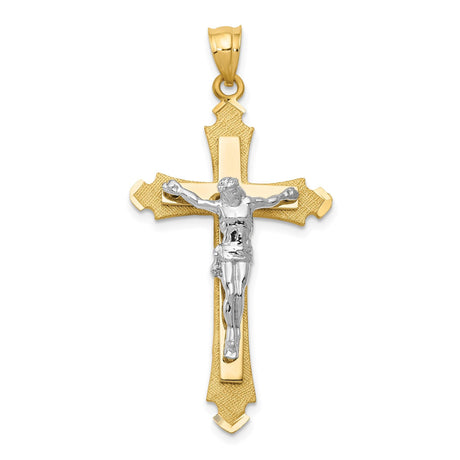 14k Two-Tone Gold Crucifix Pendant, Polished and Matte Patonce Cross with Christ Figure