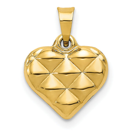 14k Yellow Gold Heart Pendant, Quilted Puffed Textured Design for Women