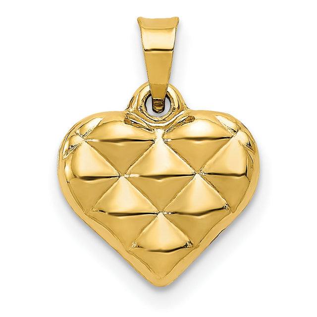 14k Yellow Gold Heart Pendant, Quilted Puffed Textured Design for Women